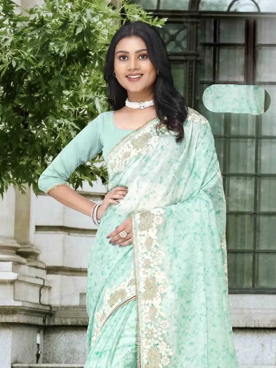 Sea Green Organza Printed Festival Casual Classic Style Saree