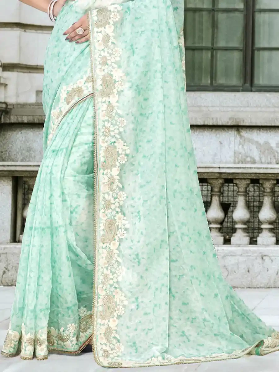 Sea Green Organza Printed Festival Casual Classic Style Saree