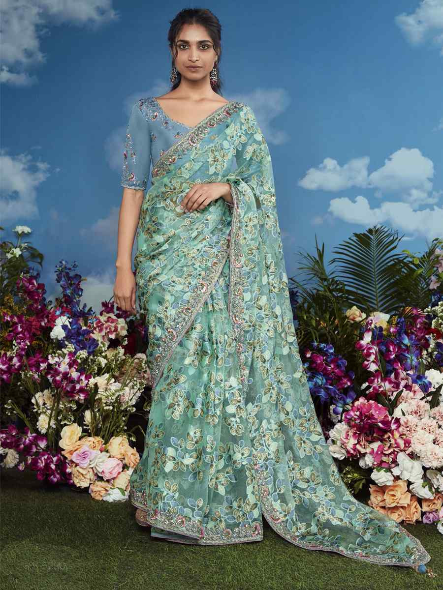 Sea Green Organza Silk Embroidered Festival Wedding Heavy Border Saree