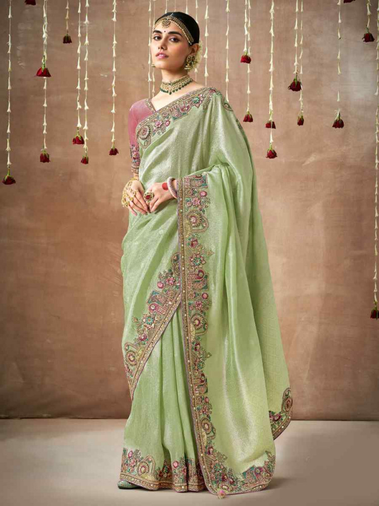 Sea Green Organza Silk Embroidered Reception Wedding Heavy Border Saree