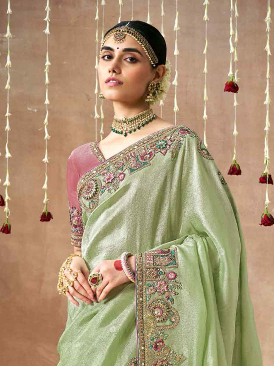 Sea Green Organza Silk Embroidered Reception Wedding Heavy Border Saree