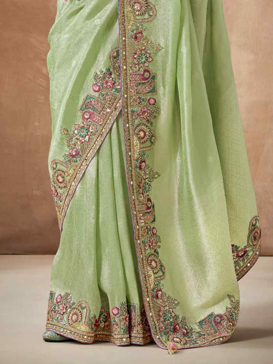 Sea Green Organza Silk Embroidered Reception Wedding Heavy Border Saree