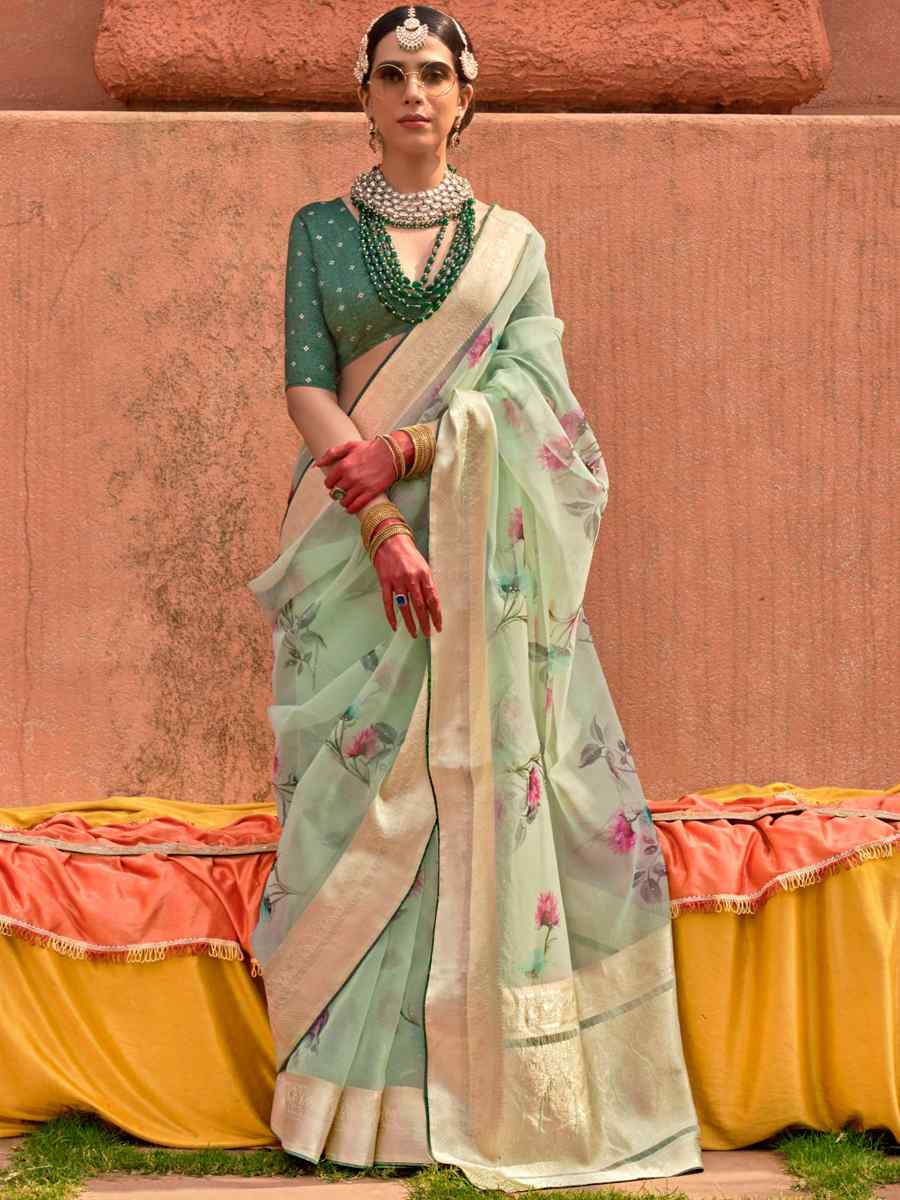 Sea Green Organza Silk Handwoven Festival Casual Heavy Border Saree