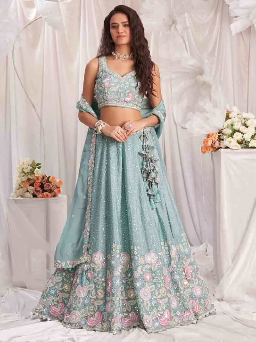 Sea Green Poly Chiffon Embroidered Wedding Bridesmaid Heavy Border Lehenga Choli