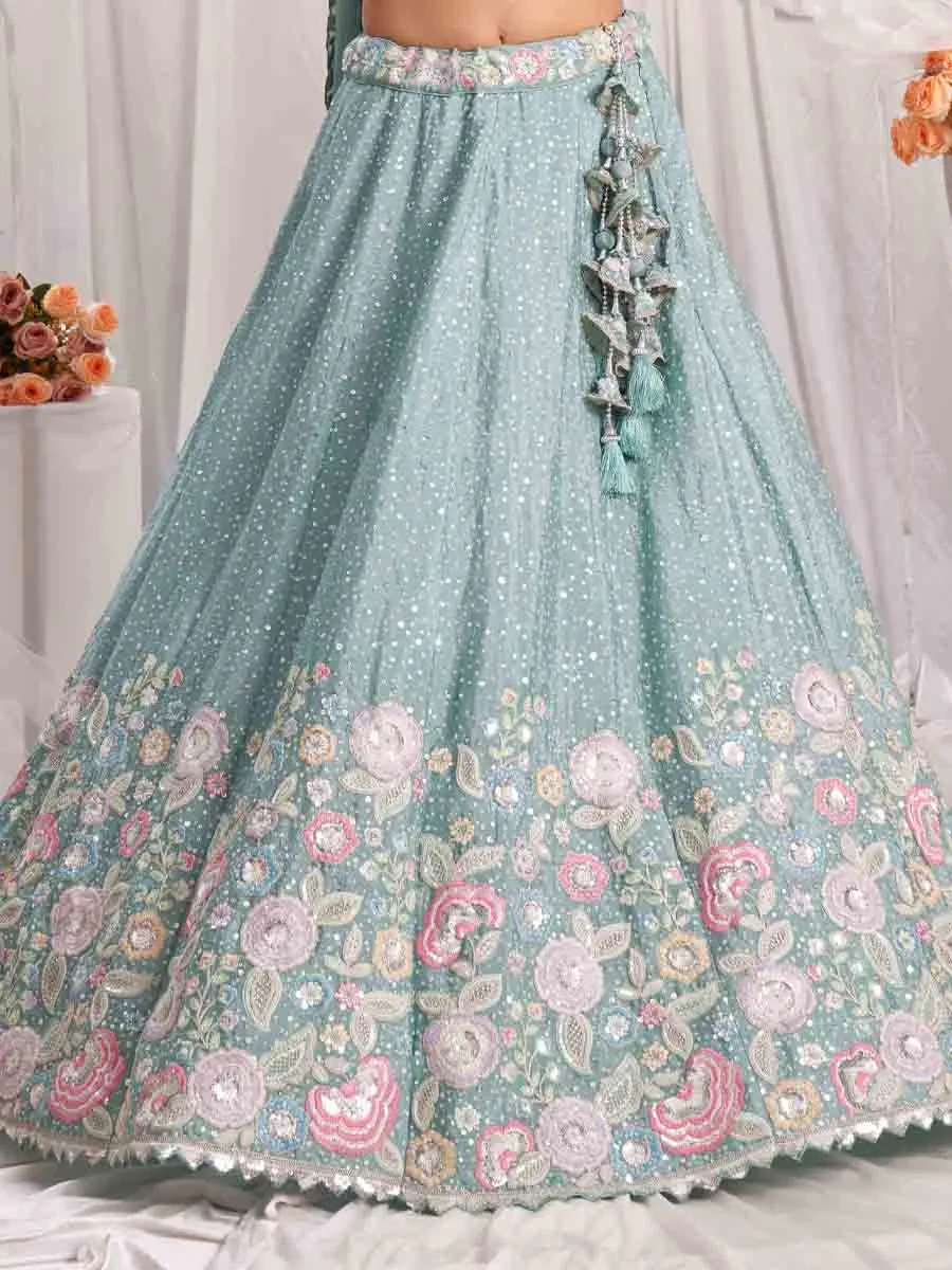 Sea Green Poly Chiffon Embroidered Wedding Bridesmaid Heavy Border Lehenga Choli