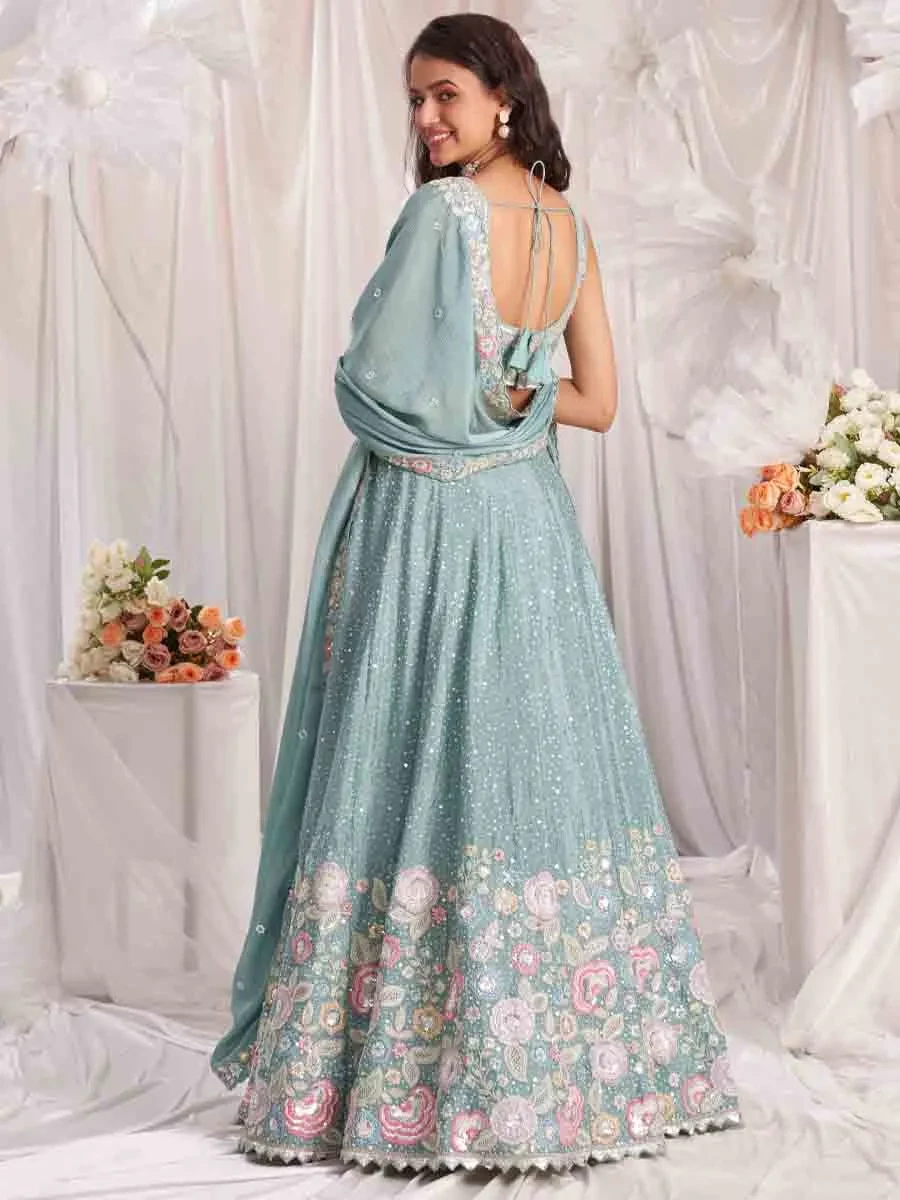 Sea Green Poly Chiffon Embroidered Wedding Bridesmaid Heavy Border Lehenga Choli