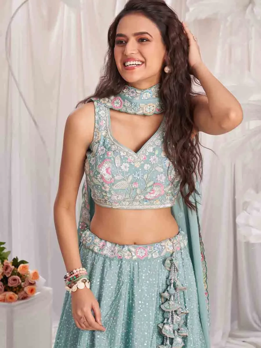 Sea Green Poly Chiffon Embroidered Wedding Bridesmaid Heavy Border Lehenga Choli