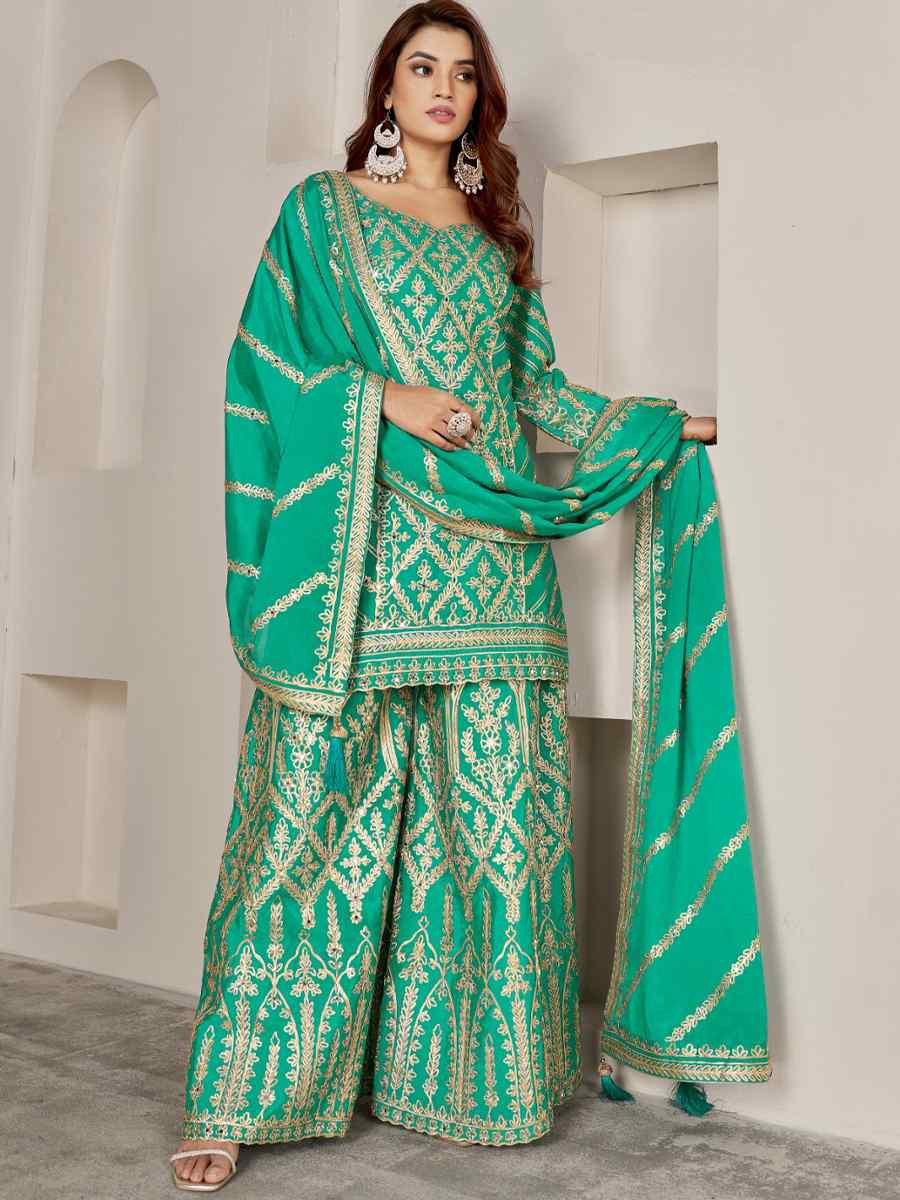 Sea Green Premium Chiffon Embroidered Festival Wedding Palazzo Pant Salwar Kameez