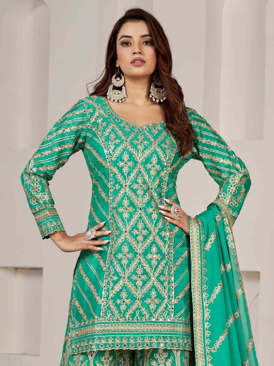 Sea Green Premium Chiffon Embroidered Festival Wedding Palazzo Pant Salwar Kameez