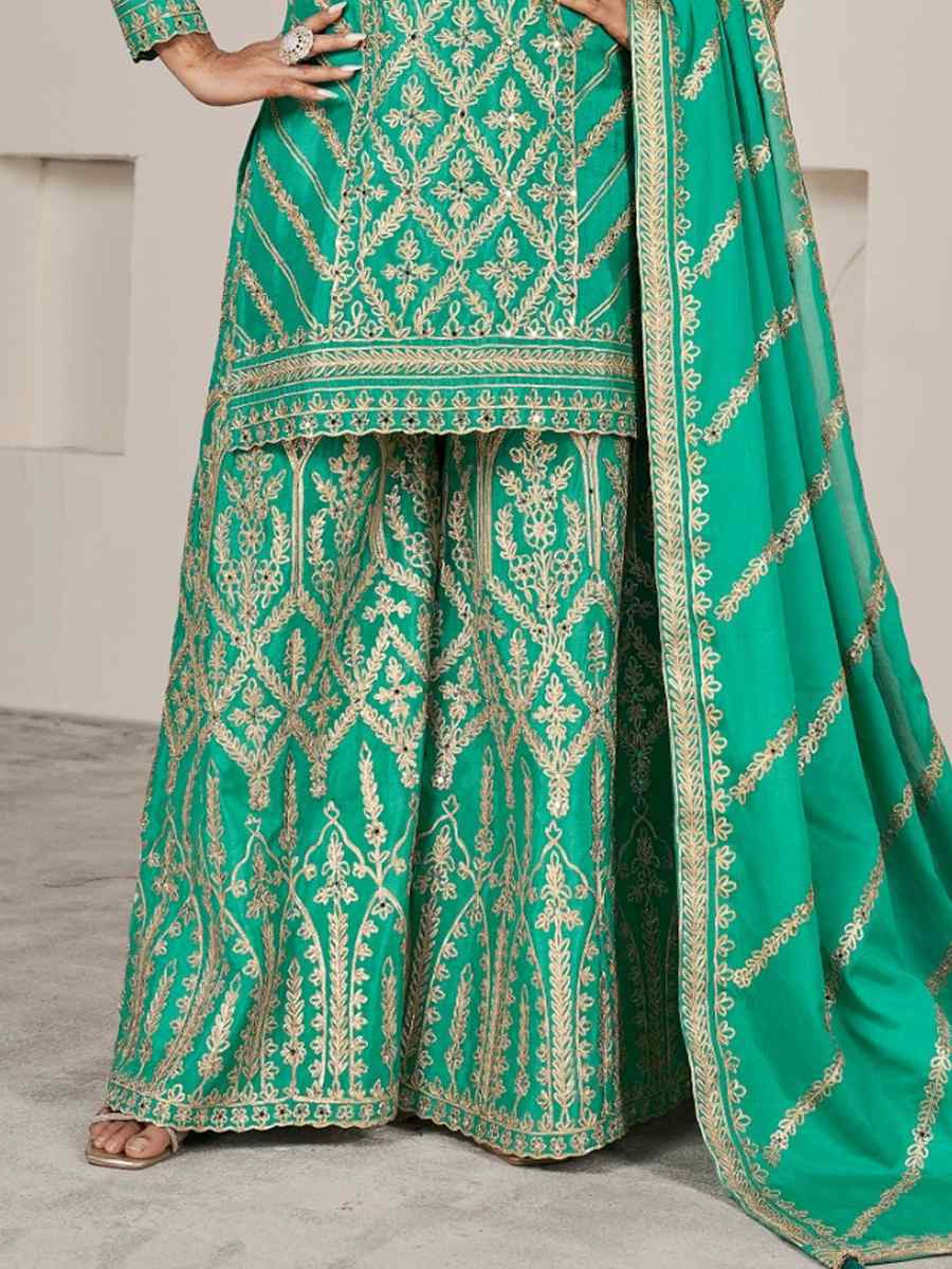 Sea Green Premium Chiffon Embroidered Festival Wedding Palazzo Pant Salwar Kameez