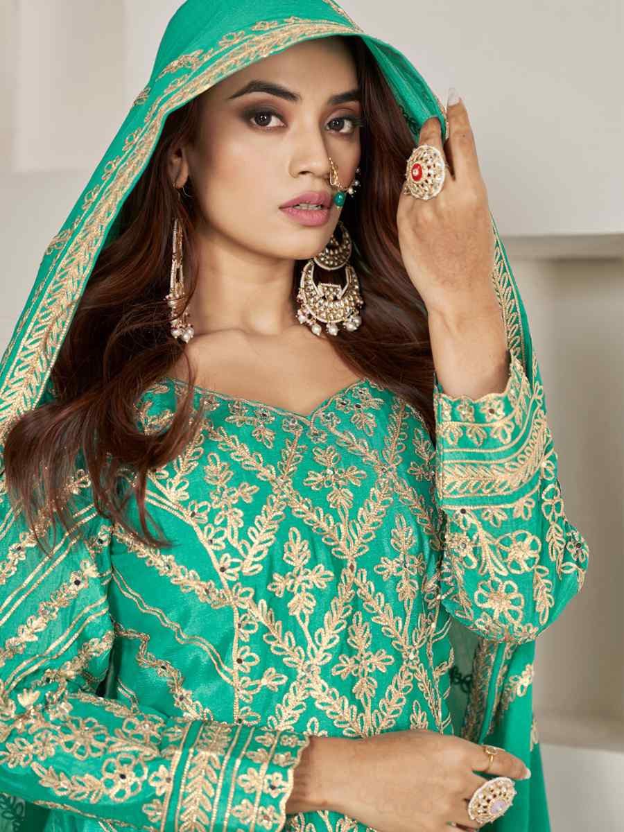 Sea Green Premium Chiffon Embroidered Festival Wedding Palazzo Pant Salwar Kameez