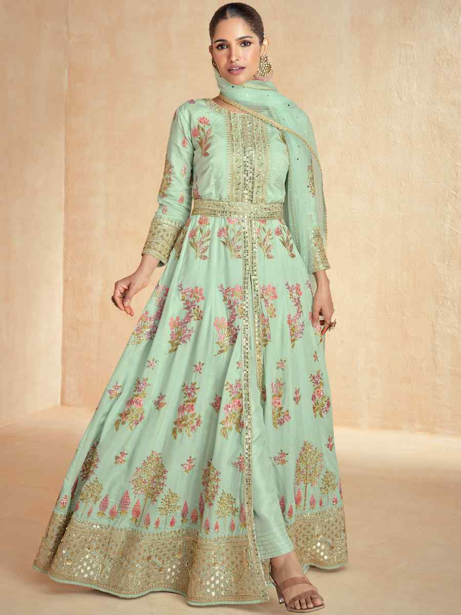 Sea Green Premium Silk Embroidered Festival Wedding Anarkali Salwar Kameez