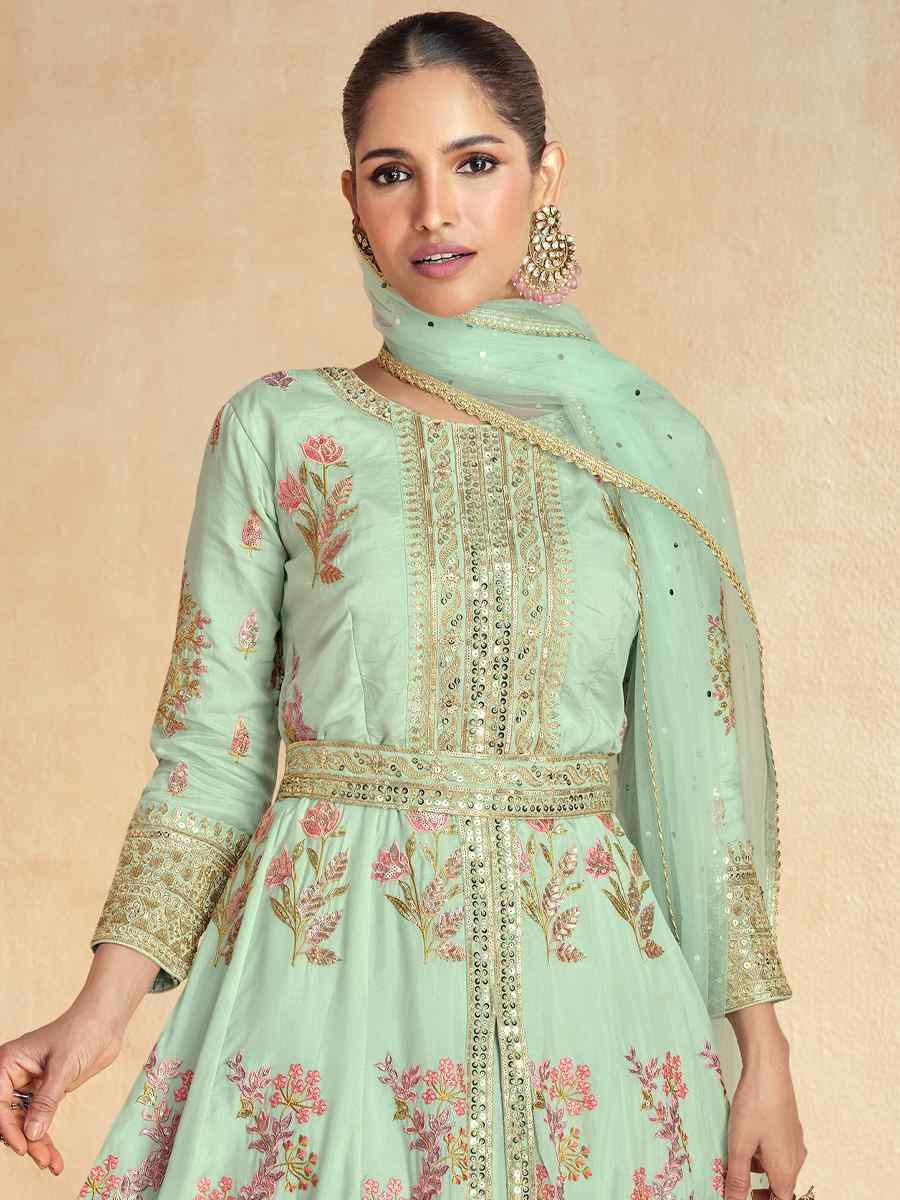 Sea Green Premium Silk Embroidered Festival Wedding Anarkali Salwar Kameez