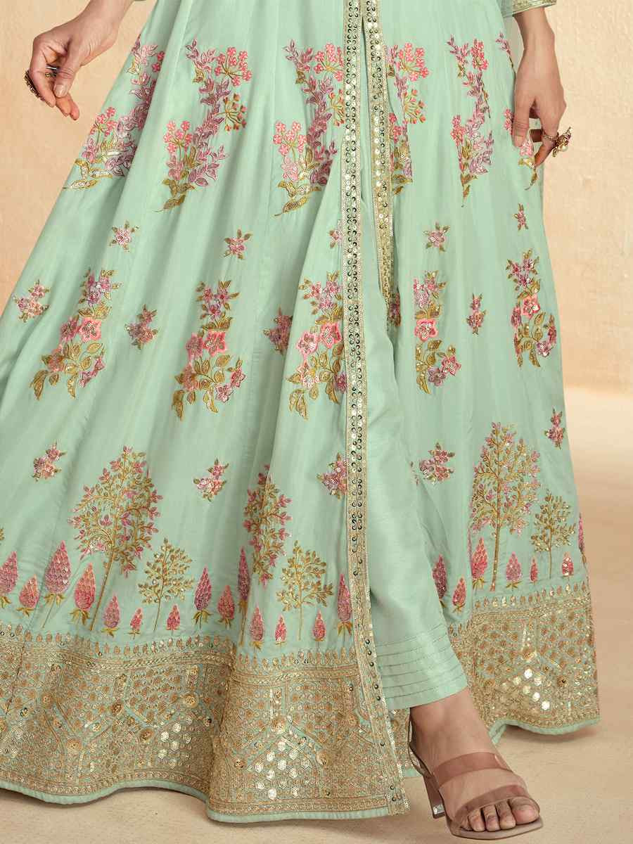 Sea Green Premium Silk Embroidered Festival Wedding Anarkali Salwar Kameez