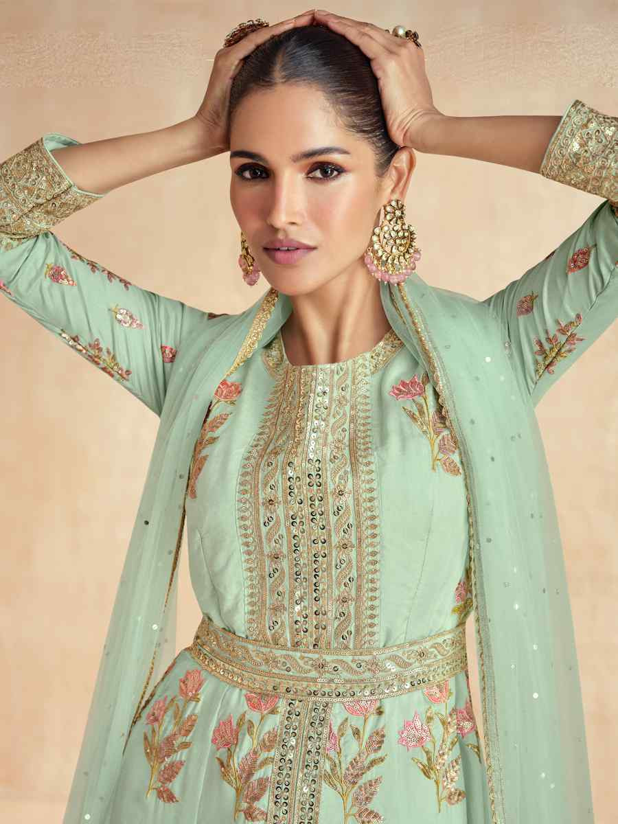 Sea Green Premium Silk Embroidered Festival Wedding Anarkali Salwar Kameez