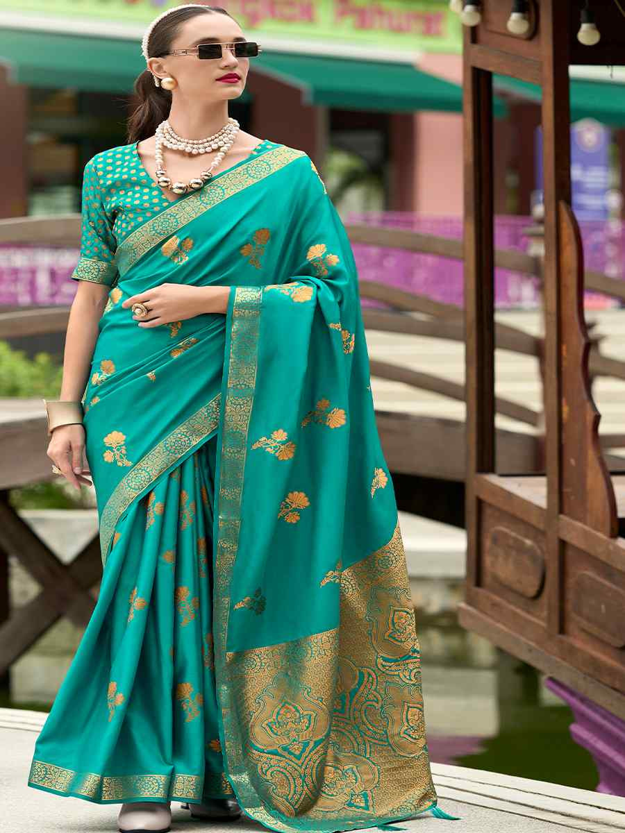 Sea Green Pure Satin Handwoven Festival Wedding Heavy Border Saree