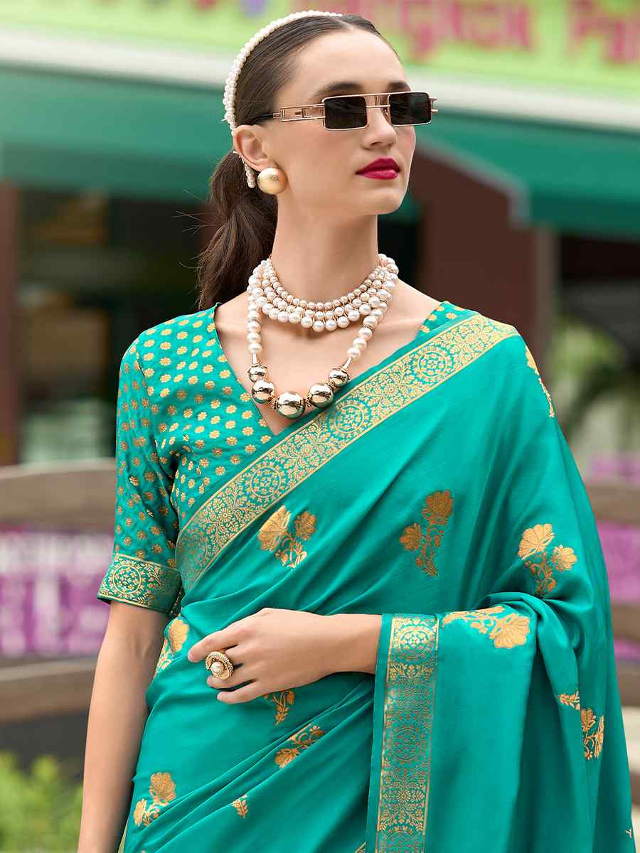 Sea Green Pure Satin Handwoven Festival Wedding Heavy Border Saree