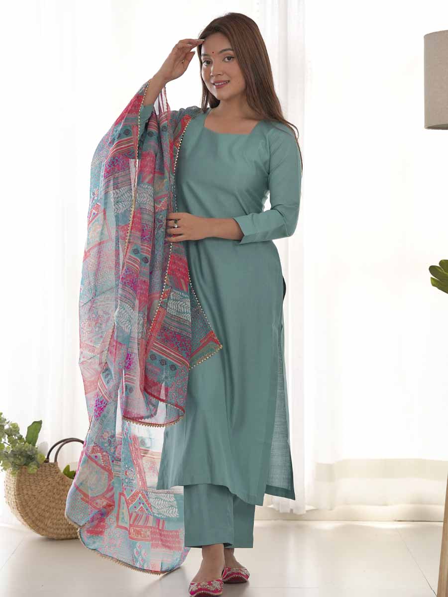 Sea Green Pure Viscose Printed Festival Casual Ready Pant Salwar Kameez