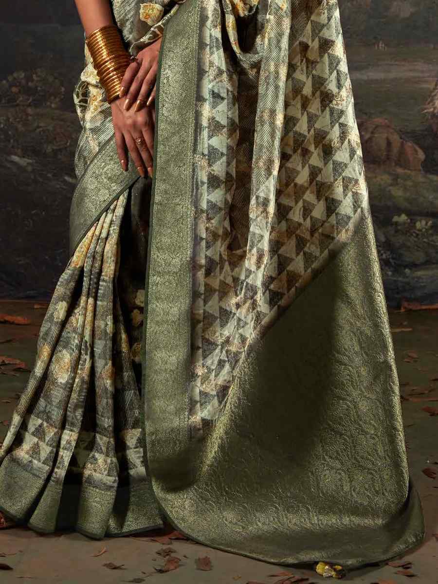 Sea Green Pure Zari Linen Handwoven Casual Festival Classic Style Saree