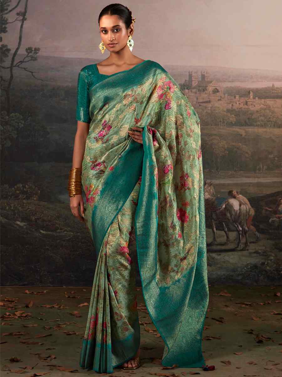 Sea Green Pure Zari Linen Handwoven Casual Festival Classic Style Saree