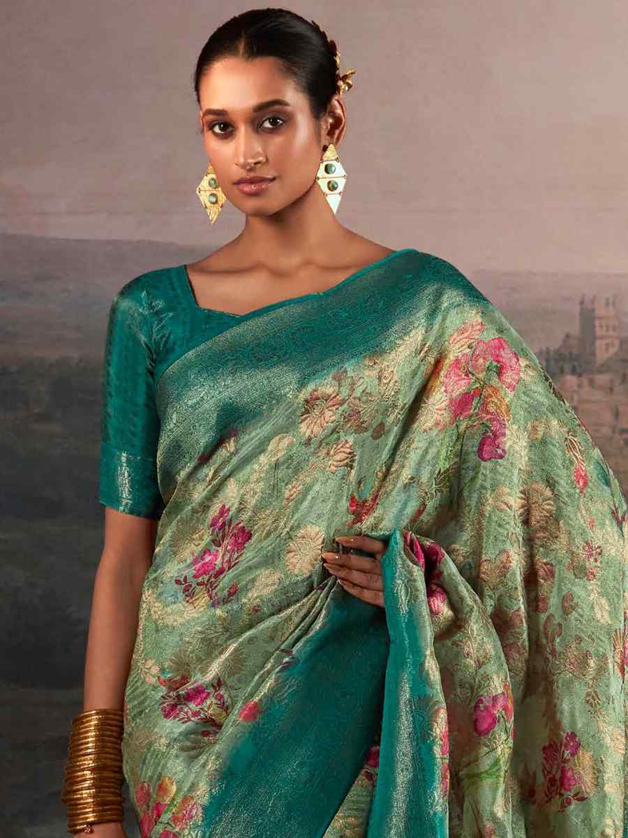 Sea Green Pure Zari Linen Handwoven Casual Festival Classic Style Saree