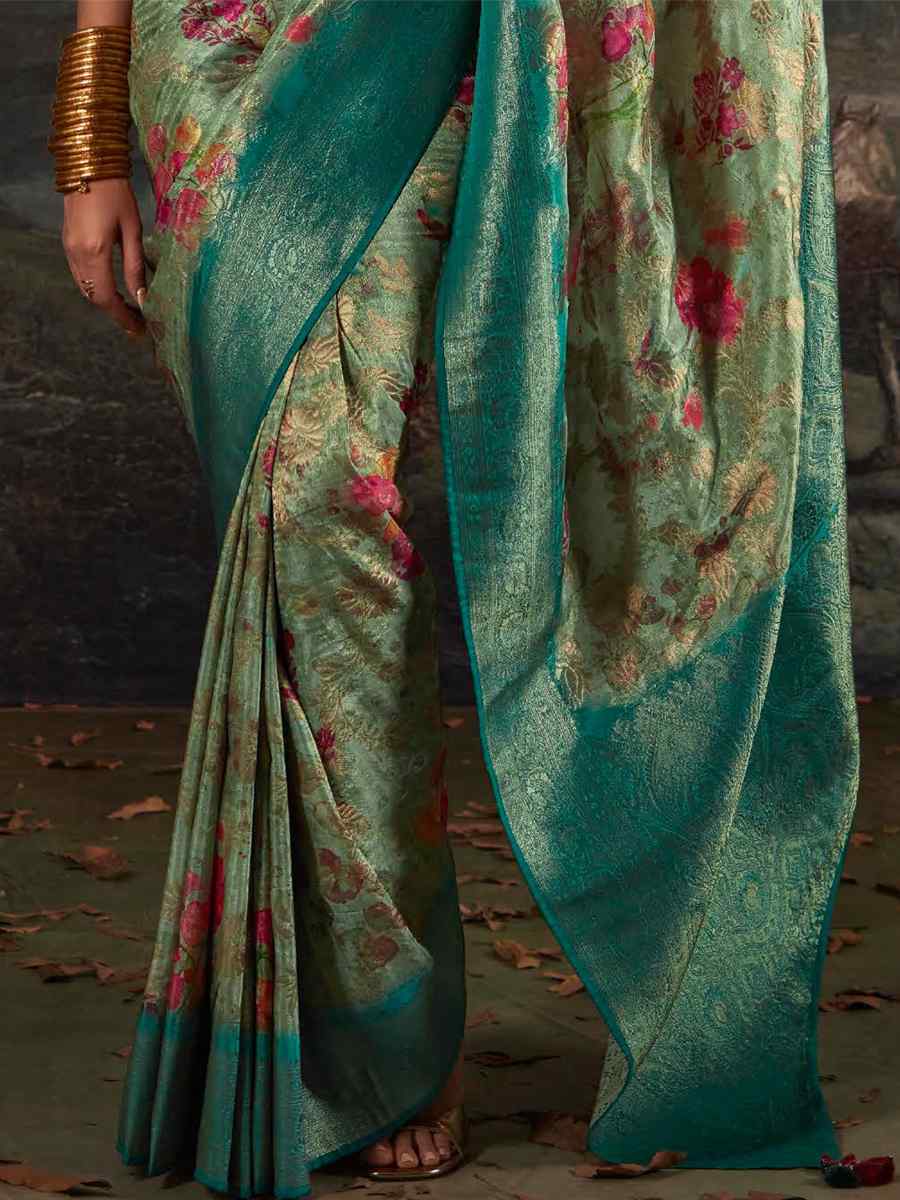 Sea Green Pure Zari Linen Handwoven Casual Festival Classic Style Saree