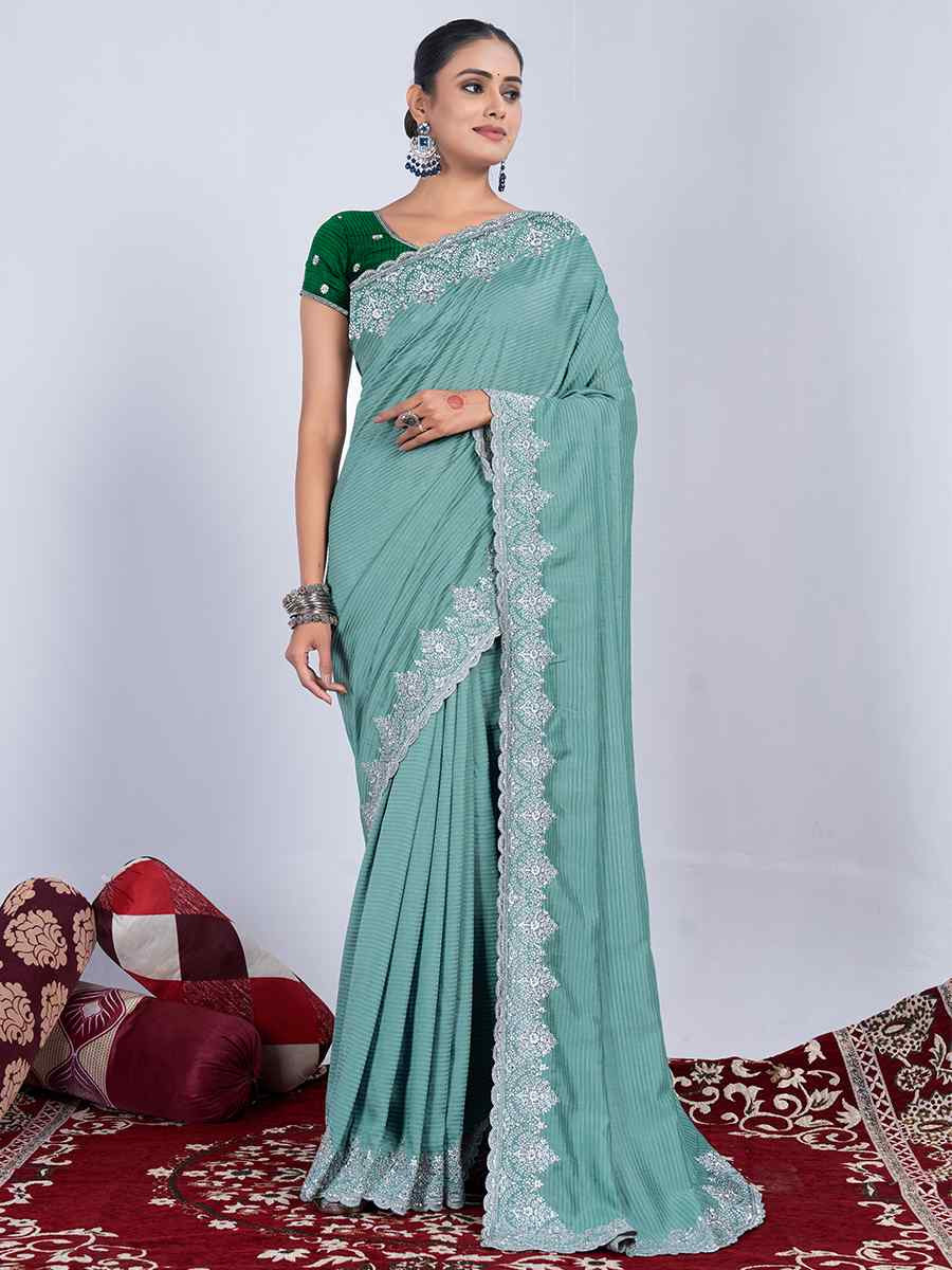 Sea Green Rangoli Embroidered Festival Party Heavy Border Saree