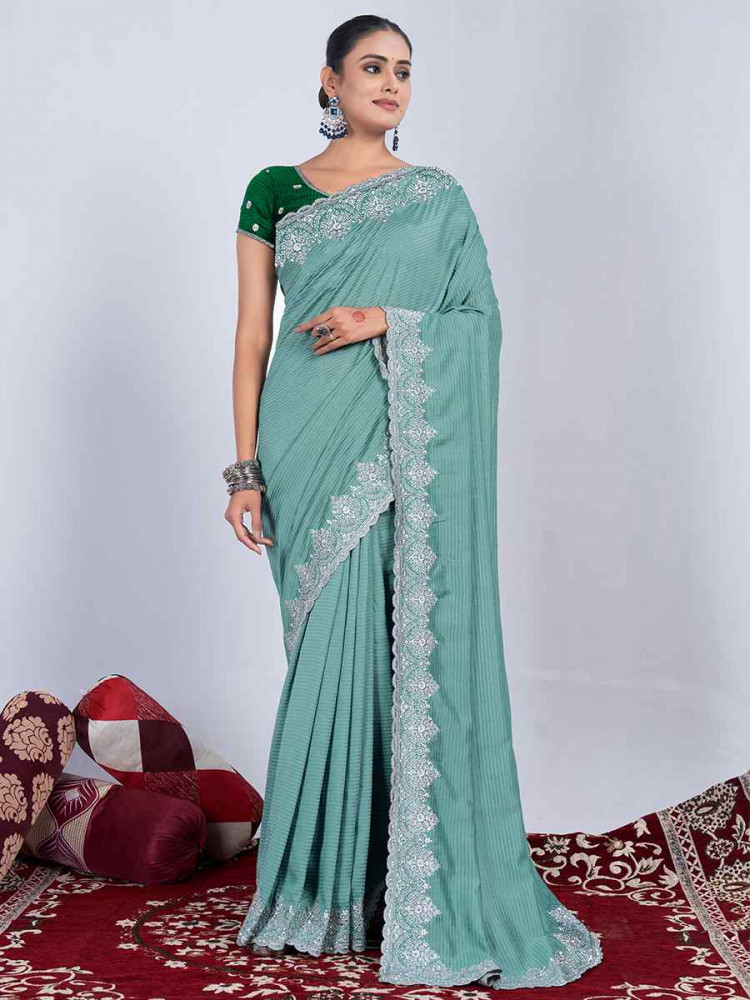 Sea Green Rangoli Embroidered Festival Party Heavy Border Saree