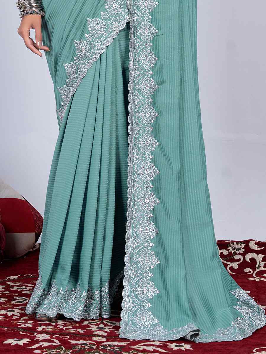 Sea Green Rangoli Embroidered Festival Party Heavy Border Saree