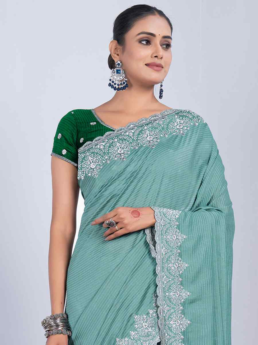 Sea Green Rangoli Embroidered Festival Party Heavy Border Saree