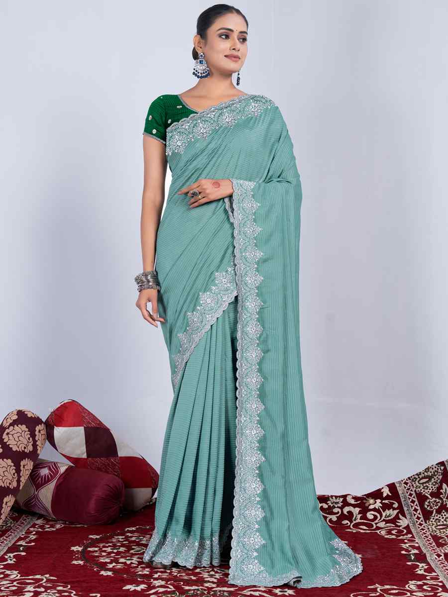 Sea Green Rangoli Embroidered Wedding Party Heavy Border Saree