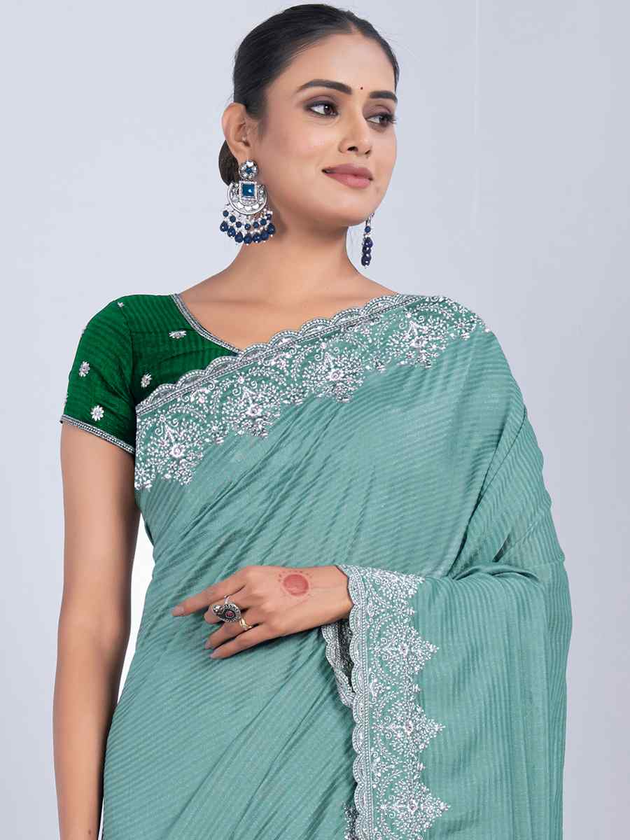 Sea Green Rangoli Embroidered Wedding Party Heavy Border Saree