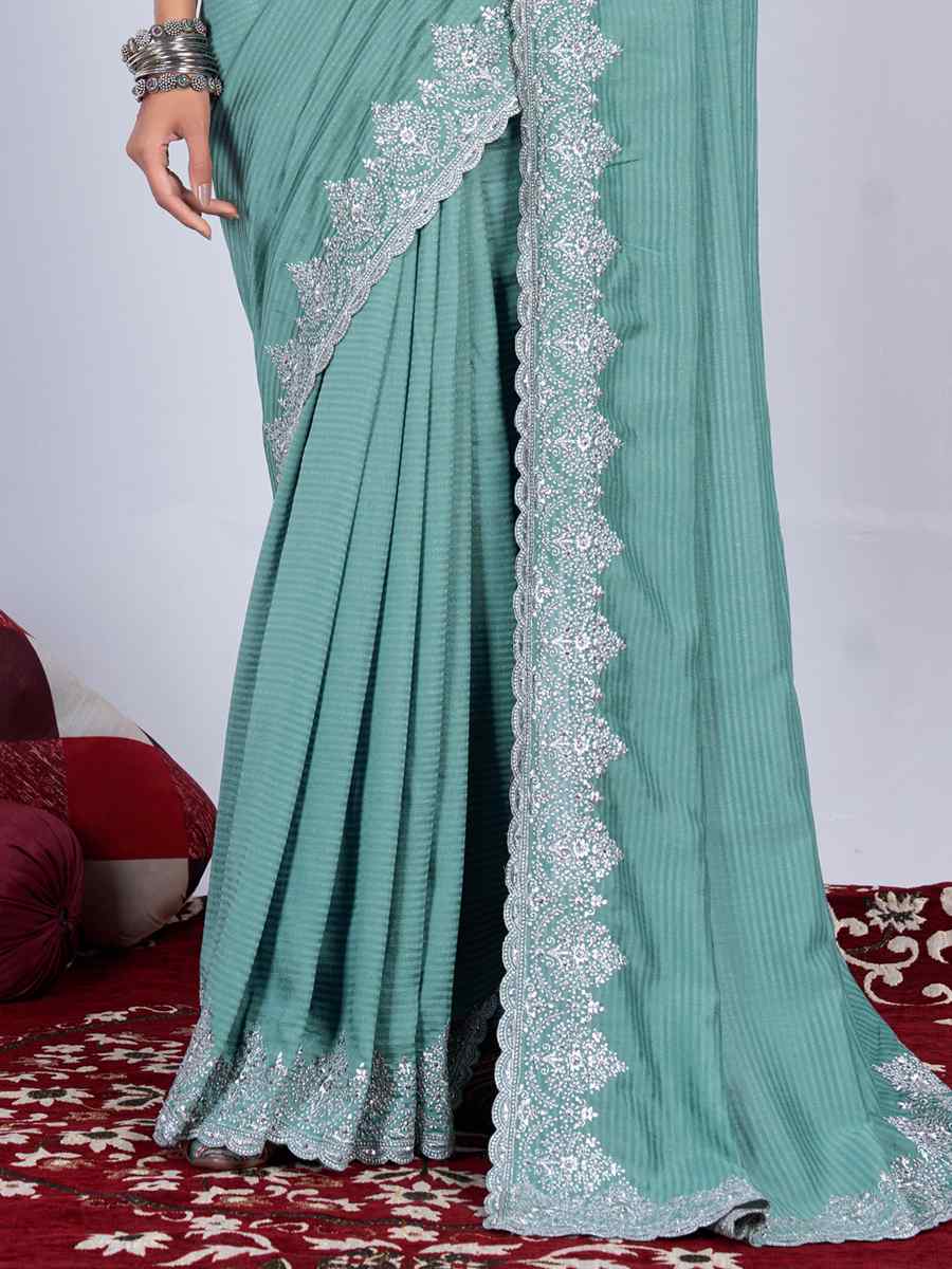 Sea Green Rangoli Embroidered Wedding Party Heavy Border Saree