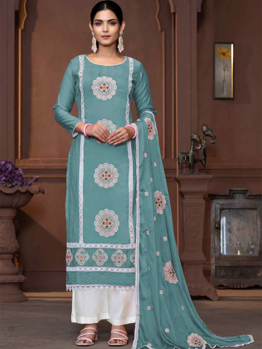 Sea Green Roman Silk Embroidered Casual Festival Pant Salwar Kameez