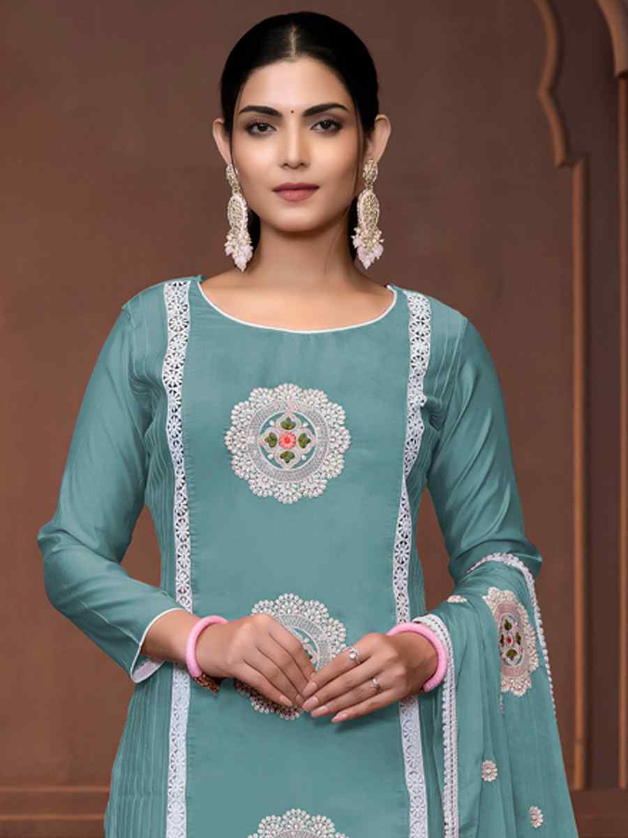 Sea Green Roman Silk Embroidered Casual Festival Pant Salwar Kameez