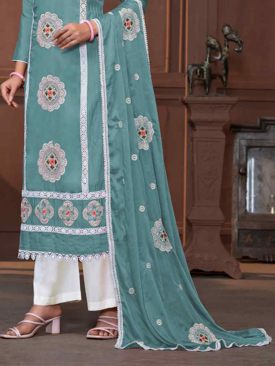 Sea Green Roman Silk Embroidered Casual Festival Pant Salwar Kameez