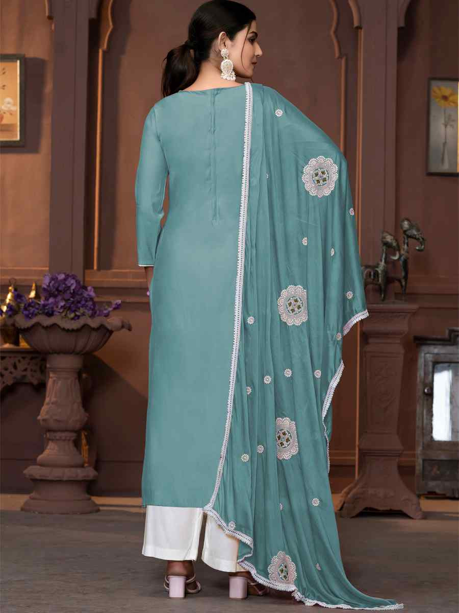 Sea Green Roman Silk Embroidered Casual Festival Pant Salwar Kameez