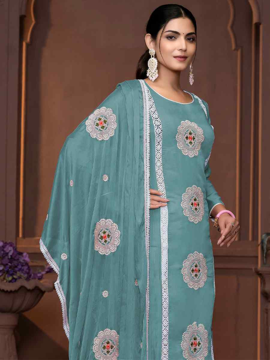 Sea Green Roman Silk Embroidered Casual Festival Pant Salwar Kameez