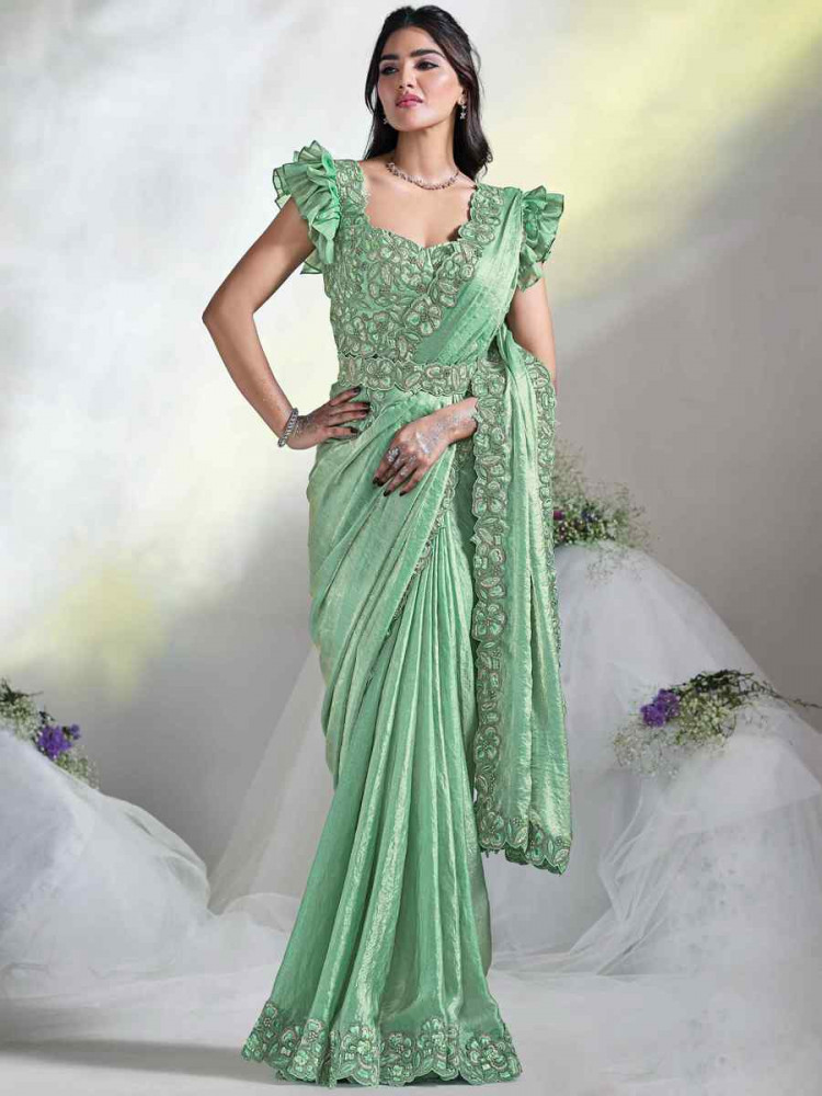 Sea Green Satin Silk Embroidered Reception Wedding Heavy Border Saree