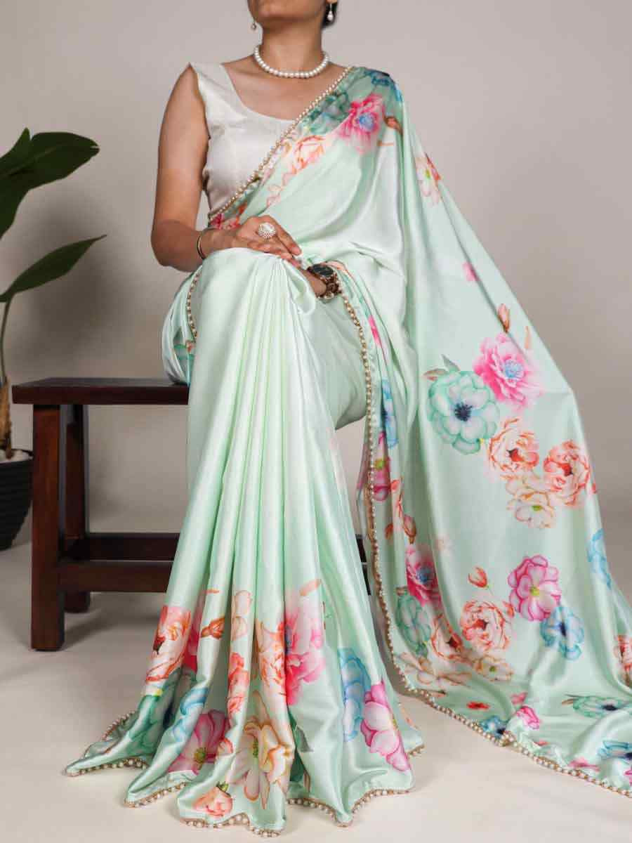 Sea Green Satin Silk Printed Festival Casual Contemporary Saree