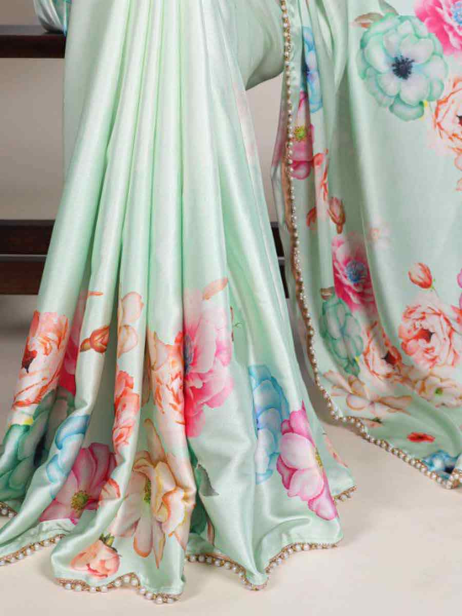 Sea Green Satin Silk Printed Festival Casual Contemporary Saree