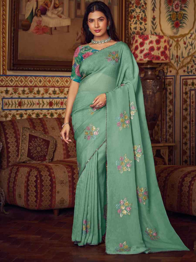 Sea Green Shimmer Chiffon Handwoven Festival Wedding Heavy Border Saree