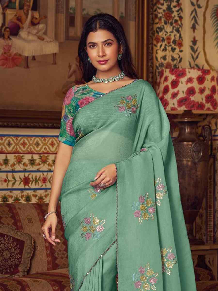 Sea Green Shimmer Chiffon Handwoven Festival Wedding Heavy Border Saree