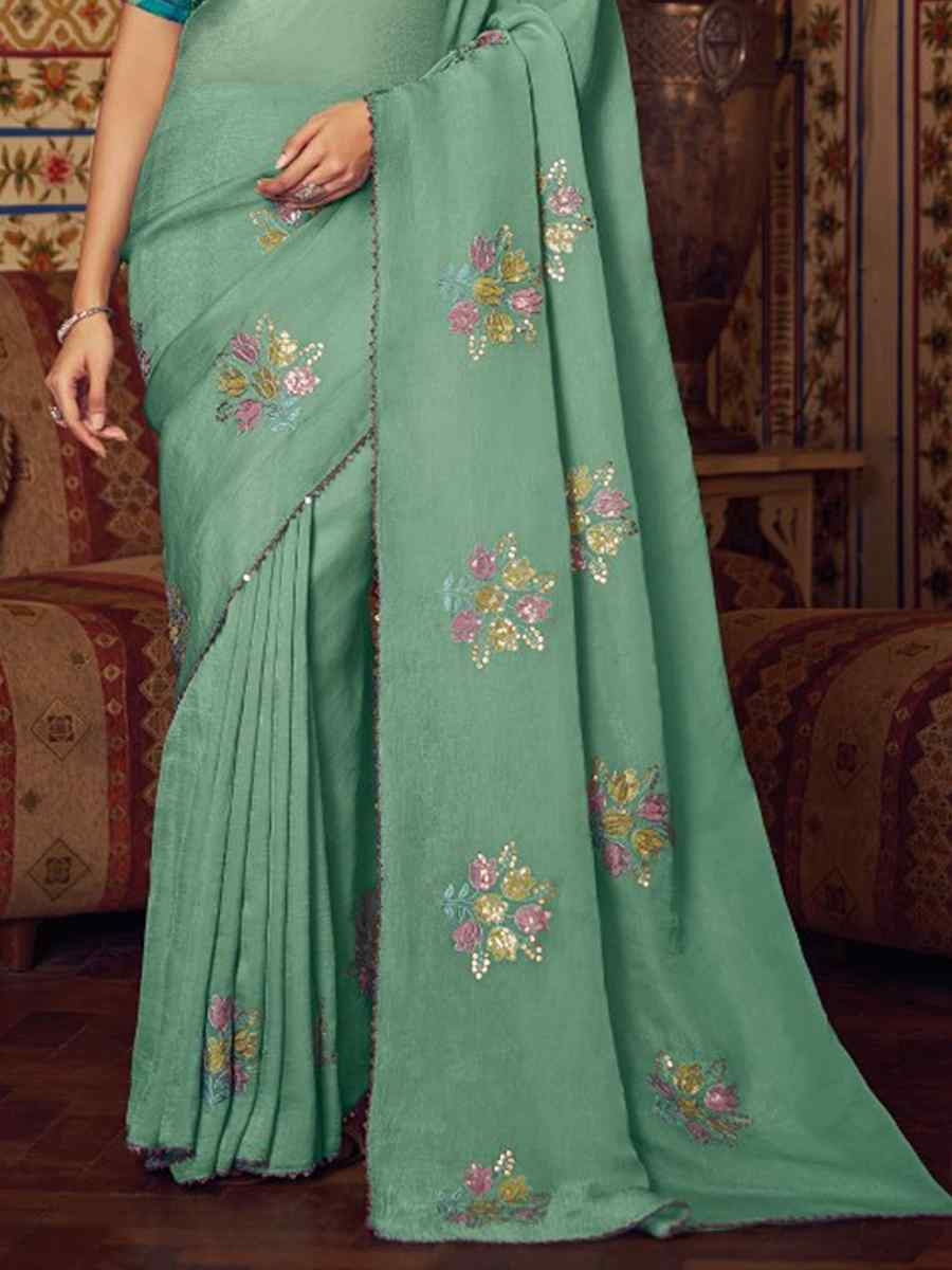 Sea Green Shimmer Chiffon Handwoven Festival Wedding Heavy Border Saree