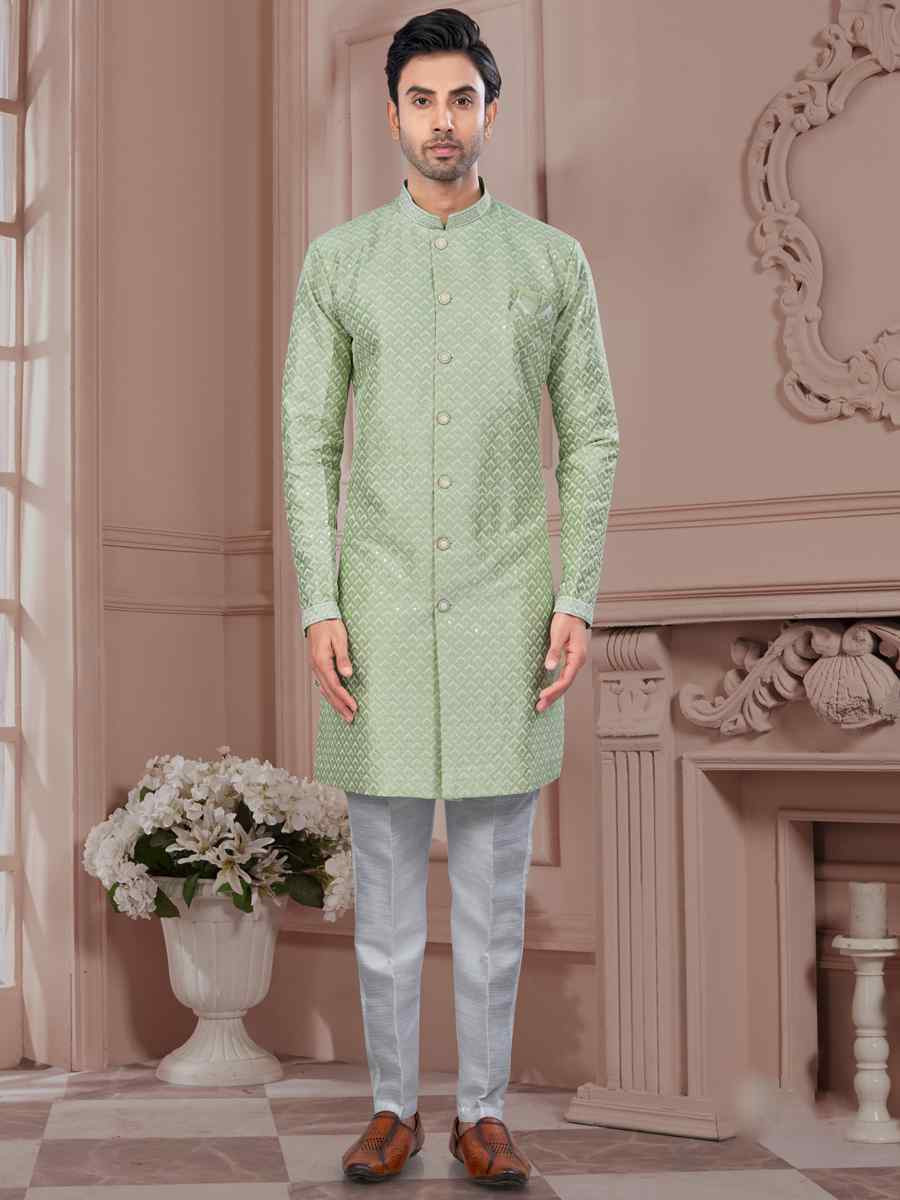 Sea Green Silk Dupion Embroidered Festival Wedding Sherwani