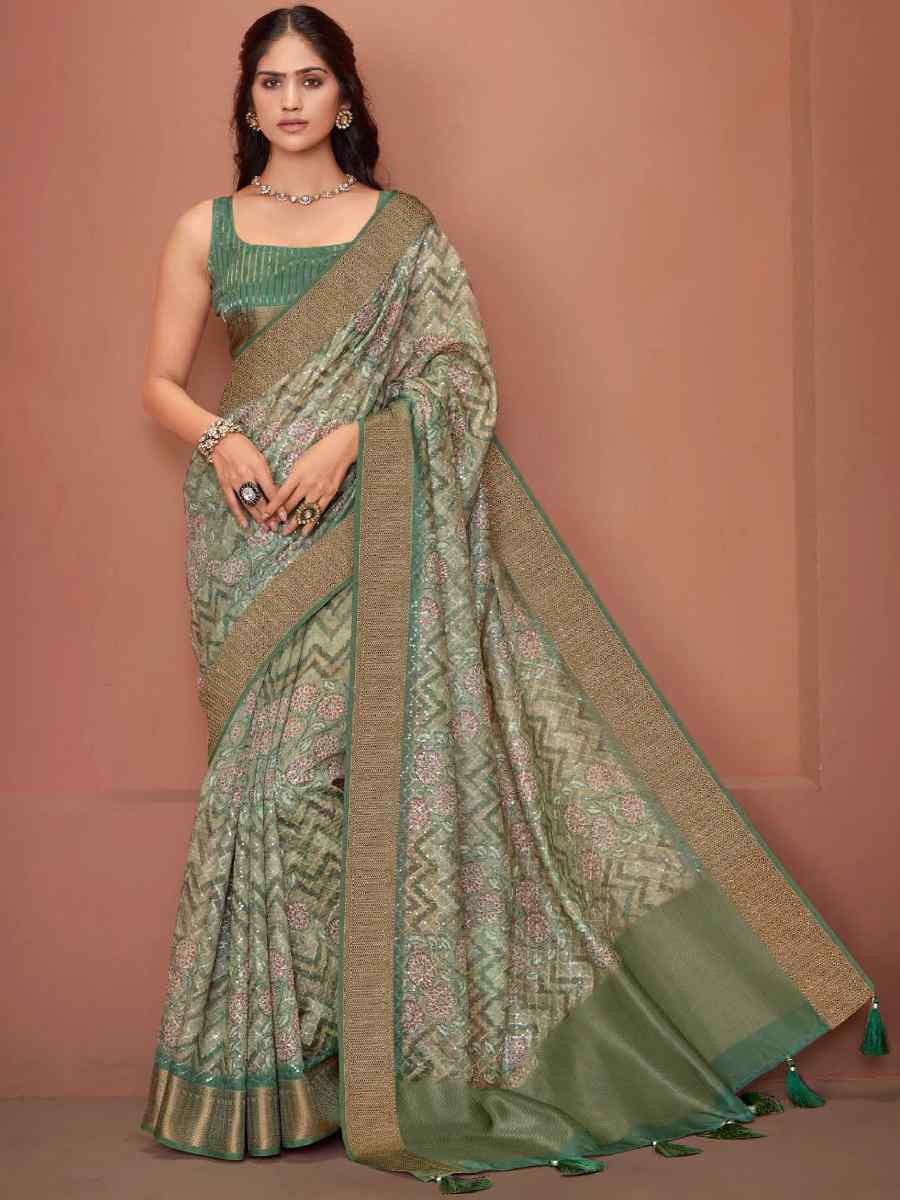 Sea Green Silk Embroidered Reception Party Heavy Border Saree