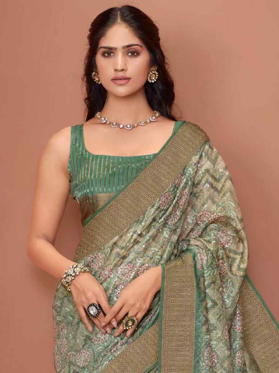 Sea Green Silk Embroidered Reception Party Heavy Border Saree