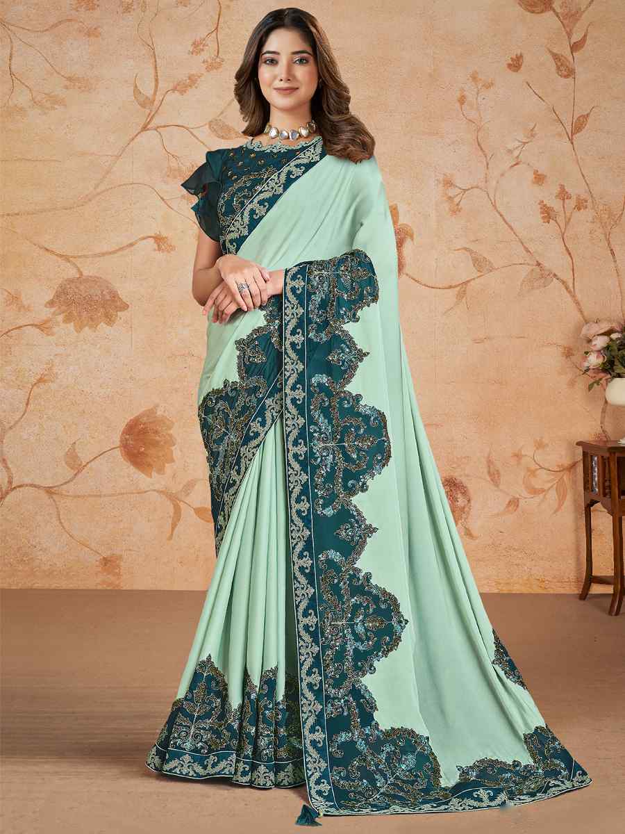 Sea Green Silk Georgette Embroidered Festival Party Classic Style Saree