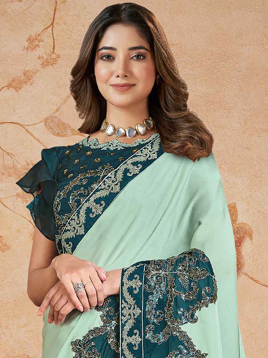 Sea Green Silk Georgette Embroidered Festival Party Classic Style Saree