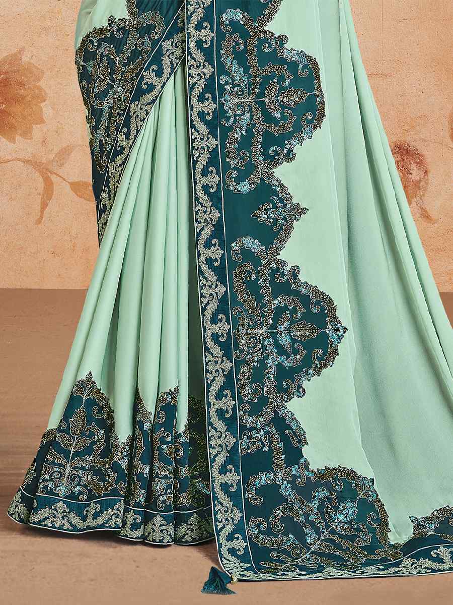 Sea Green Silk Georgette Embroidered Festival Party Classic Style Saree